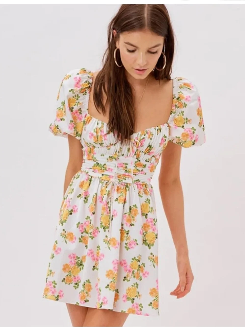 For Love And Lemons White Floral Puff Sleeve Mini Dress - Picture 2 of 4